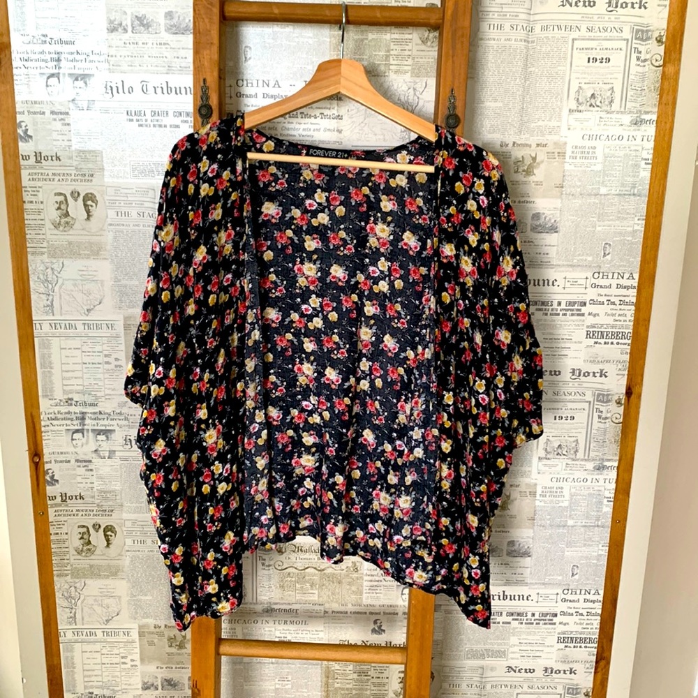 Forever 21 Floral Open Front Kimono Cardigan - Black with Pink & Yellow Flowers